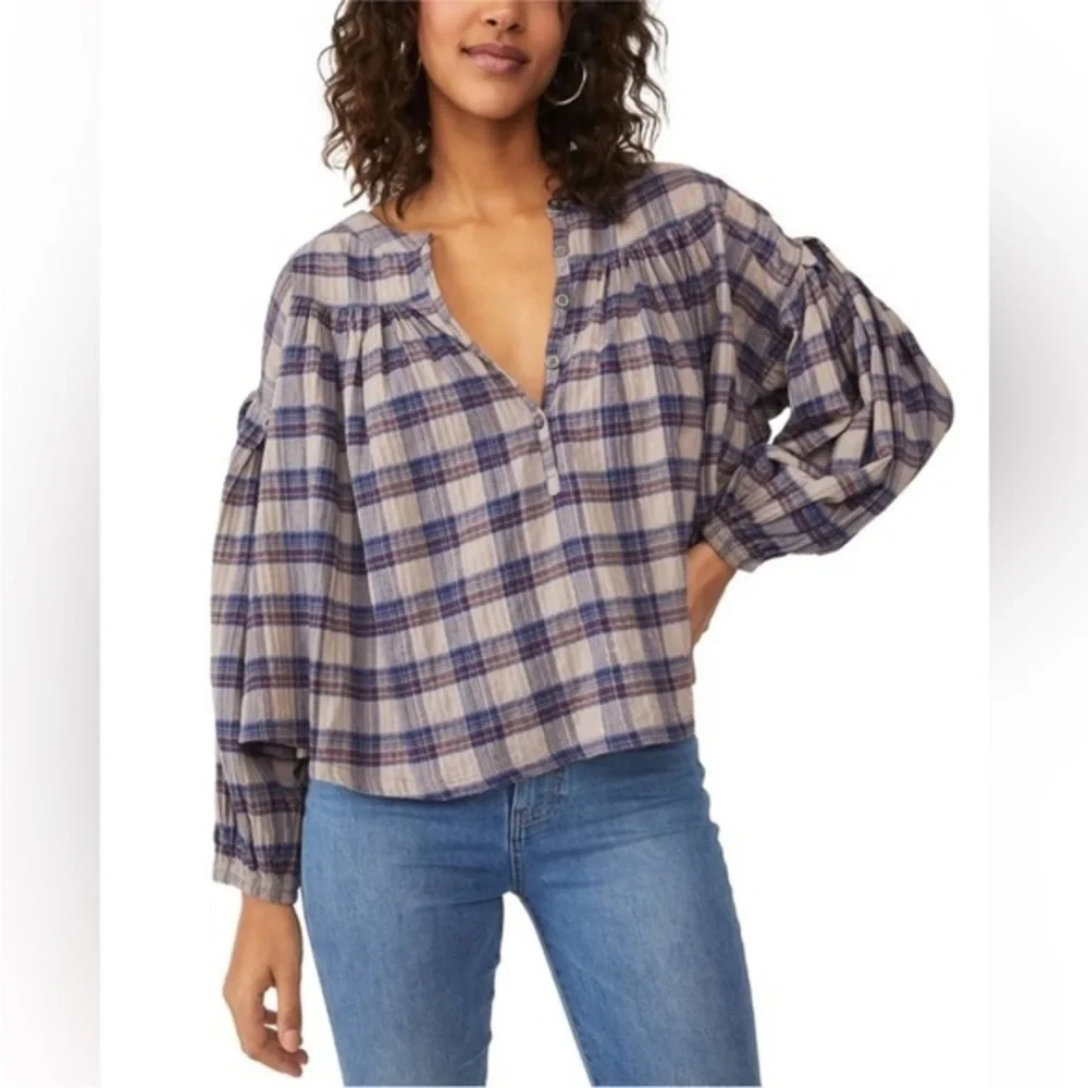 Free People Jessi Plaid Prairie Cottagecore Boho Top in Grey Combo Size Medium